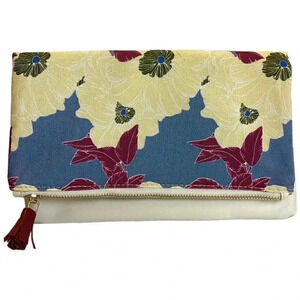 Rachel Pally Clutch Bag Ivory Blue In Bloom Floral Zip Top Fold Over Reversible